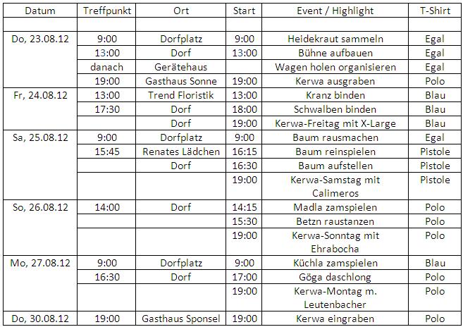 Time table Parish Fair 2012